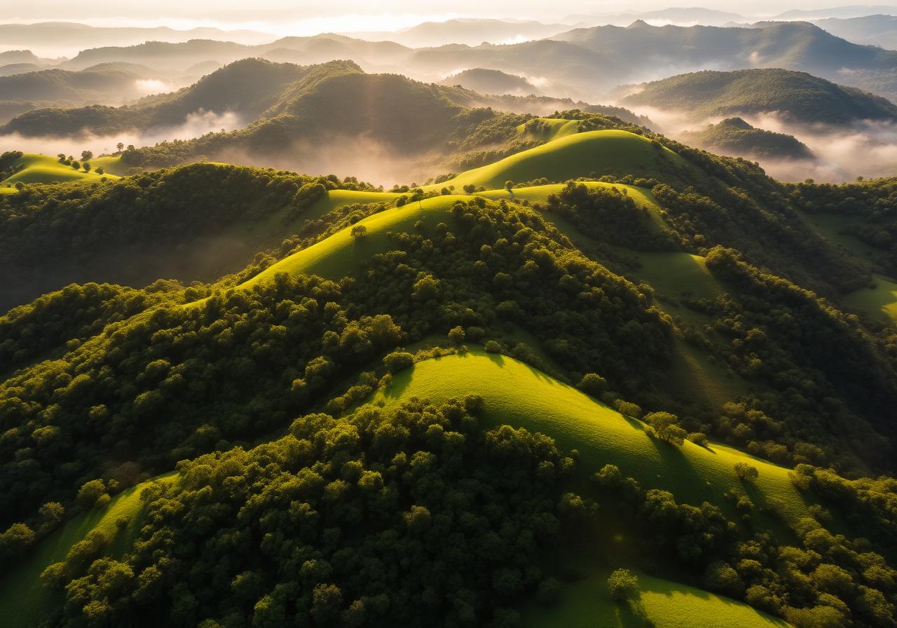 Aerial view of misty green forest hills at sunrise
